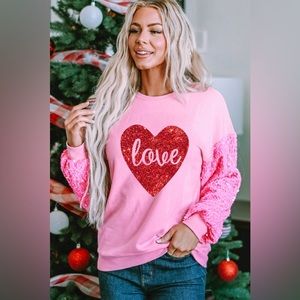 Pink Shiny Heart Shape love Print Sequined Sleeve Sweatshirt
